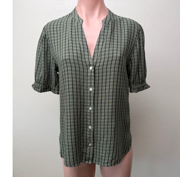 Cloth and Stone Tops - Cloth and Stone Green Plaid Puff Sleeve Linen Buttondown Women's US S